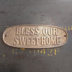 Vintage Solid Brass Bless Our Sweet Home Wall Plaque Sign Oval Gold 8x3 India